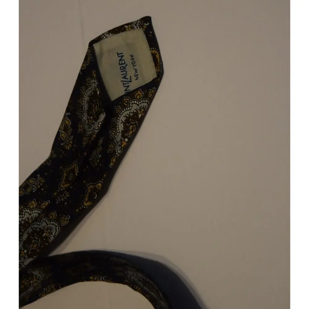 Vintage Yves Saint Laurent Tie Navy Blue Geometric Pattern Designer YSL